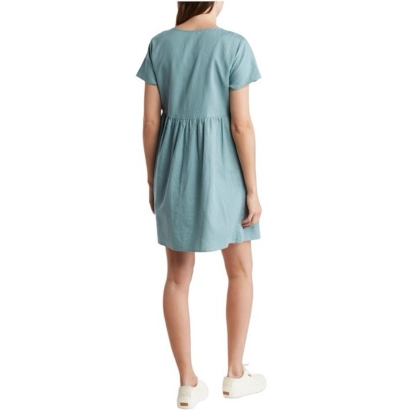 NEW Madewell Alexandra V-Neck Button Front Linen Blend Mini Dress Size L Teal - Picture 2 of 10